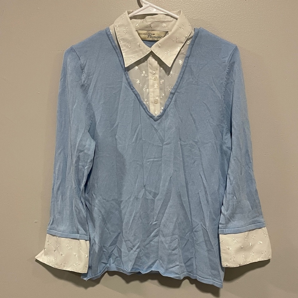 Elegant Blue Blouse with White Accents